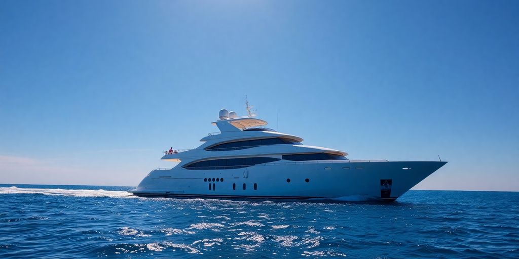 Luxurious cruiser yacht sailing on a calm, blue ocean.