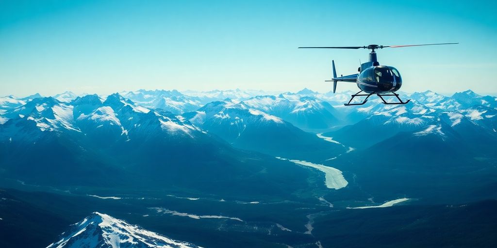 A helicopter flying over vast, snow-capped Alaskan mountains.