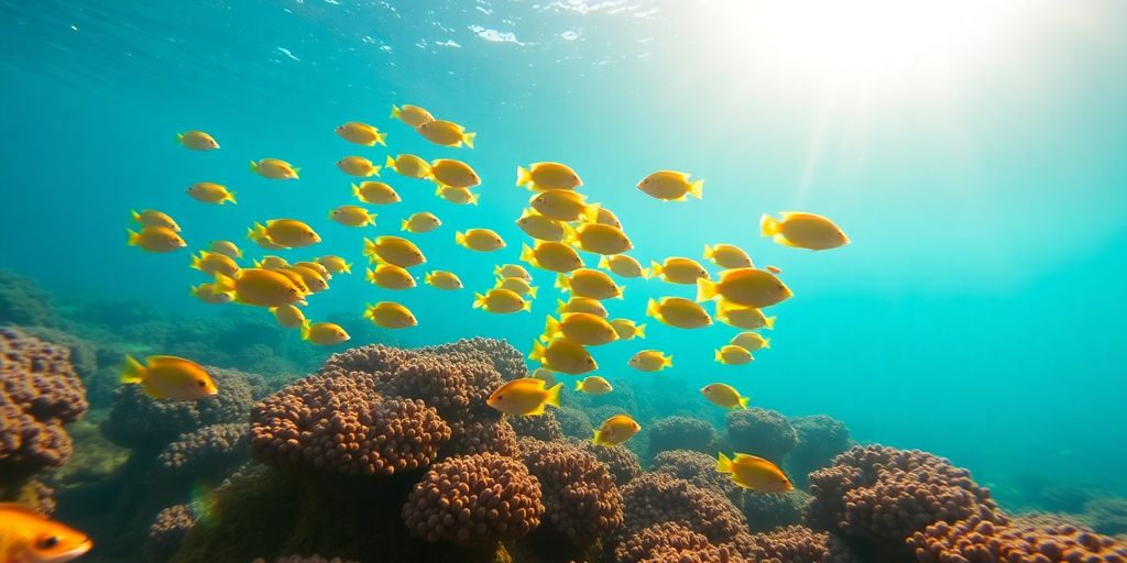 Vibrant coral reef with diverse marine life.