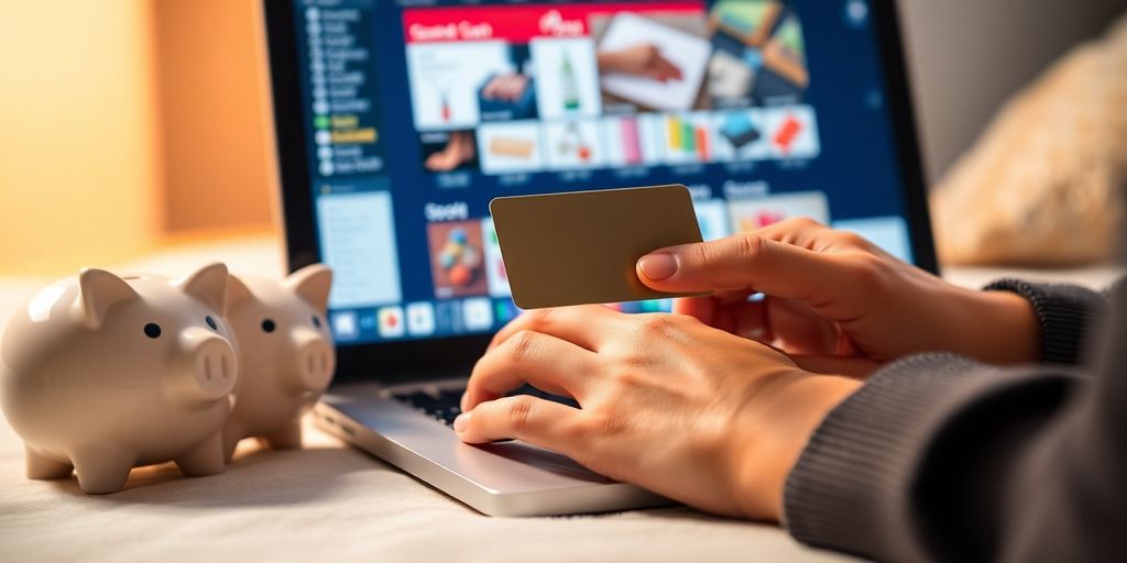 Person holding credit card, shopping online happily.