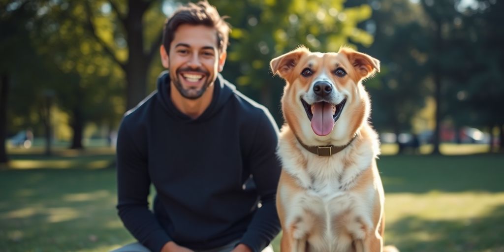 Happy dog performing a training command with owner.