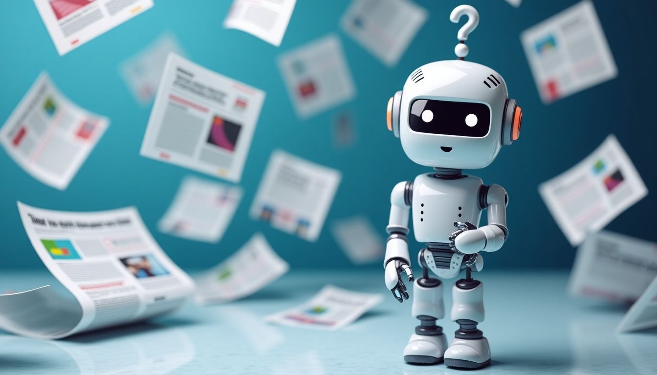 Confused chatbot icon among scattered news articles and media.