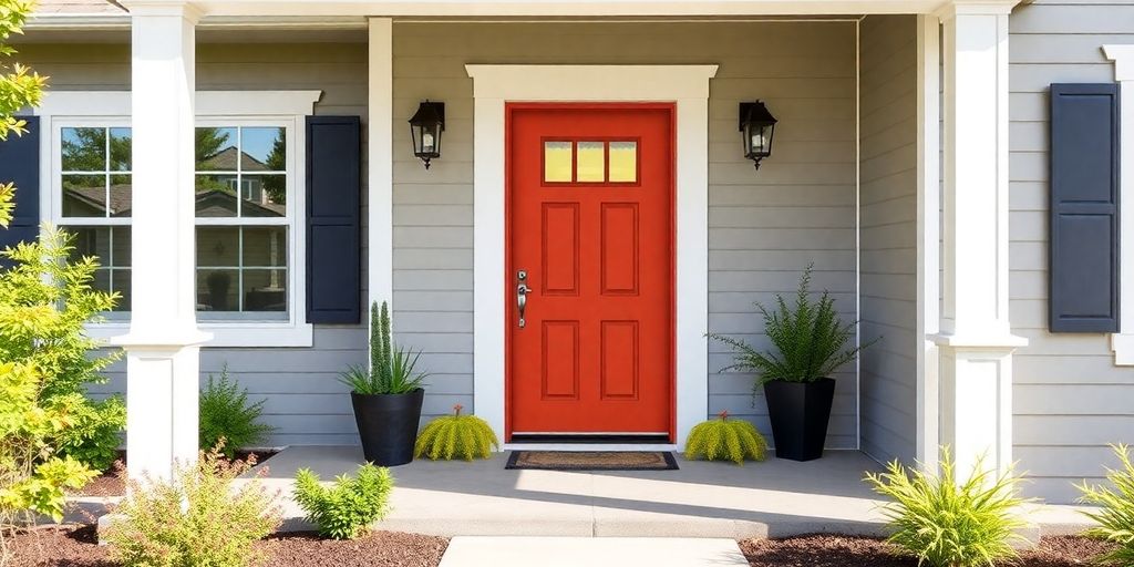 Modern home with a vibrant new front door.