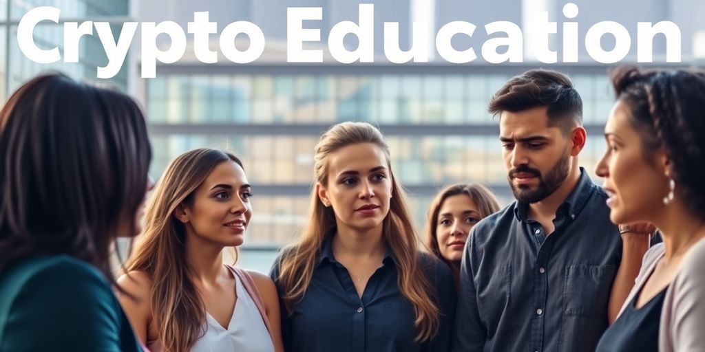 Group discussing cryptocurrency education in an urban setting.