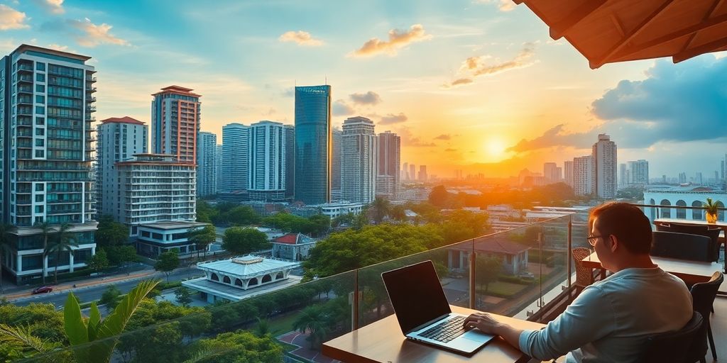 Vibrant Southeast Asian cityscape with digital nomad working.