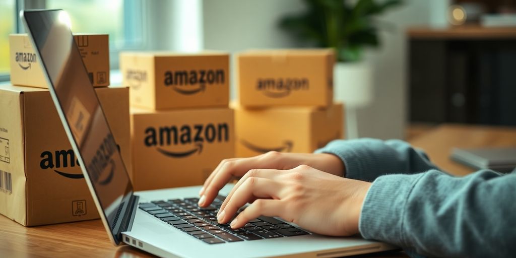 Person typing on laptop, Amazon boxes nearby.