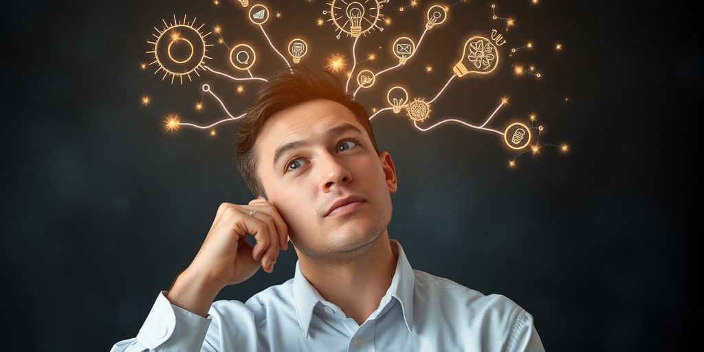 Person thinking about business ideas with lightbulb above head.
