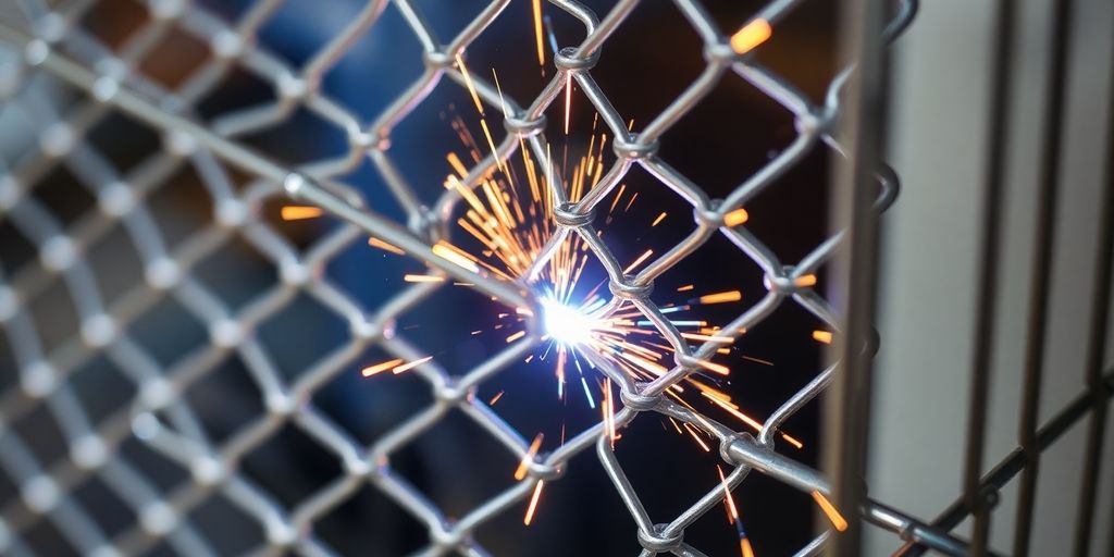 Close-up of mesh welding with sparks and metallic texture.