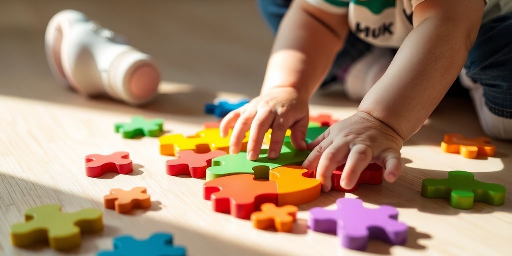5 Brinquedos Educativos que Estimulam o Desenvolvimento Infantil aos 2 Anos 5 Criança montando quebra-cabeça colorido no chão.