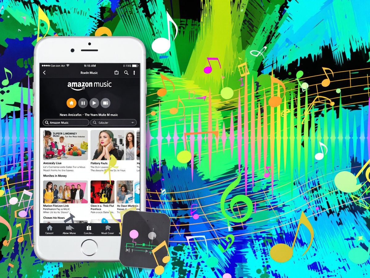 Smartphone with Amazon Music app and musical notes.