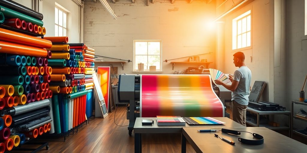 Print workshop scene with vinyl rolls, printer, tools, swatch fan.