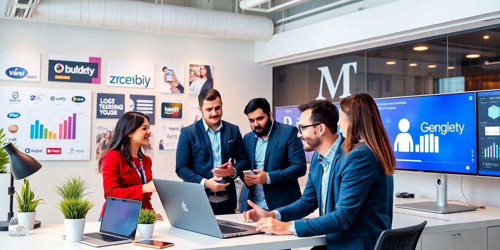 Profissionais de marketing digital em ambiente moderno.