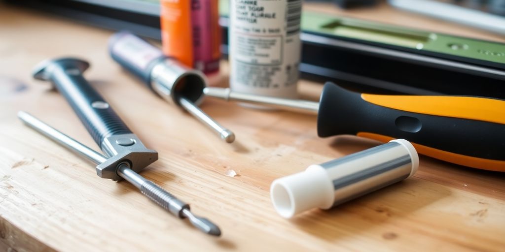 Tools for sliding glass door repair on a workbench.