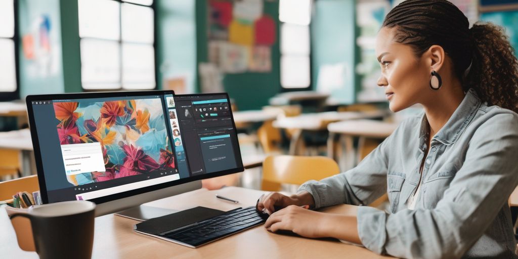 educator using Canva on computer in classroom setting with digital design elements