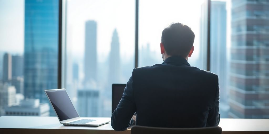 Entrepreneur working on laptop with city view.