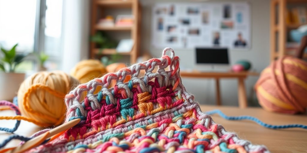 Close-up of crochet project with vibrant yarn.