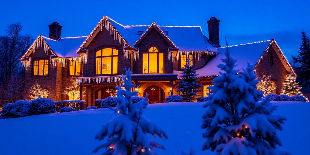 House with permanent Christmas lights on snowy night