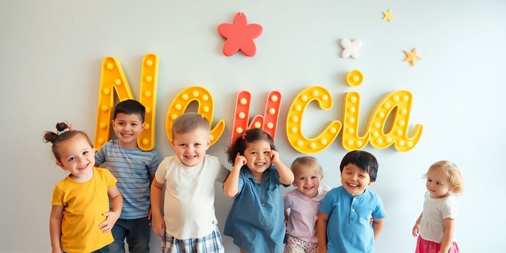 Children enjoying custom name wall art.