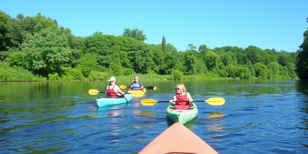Family kayaking on a calm river