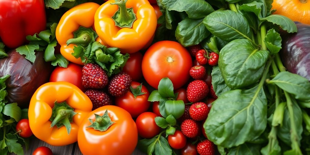 Verse, biologische groenten en fruit op houten tafelblad.