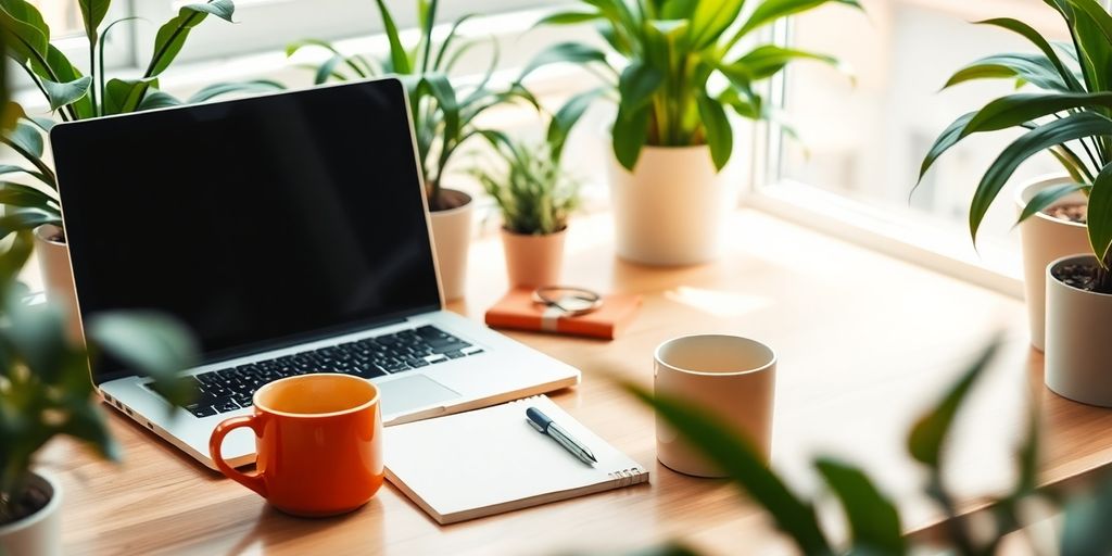 A bright workspace with laptop and notepad.