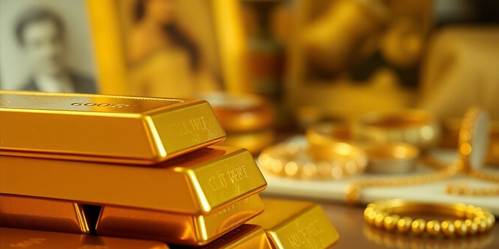 Barres d'or empilées avec des bijoux en arrière-plan.
