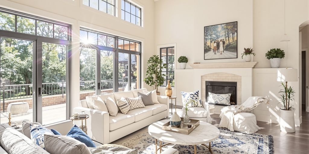 Sunlit living room with large windows in a Llano home.