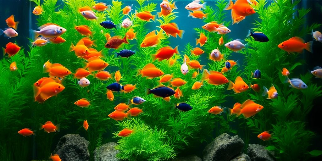 Peces coloridos nadando en un acuario exuberante.