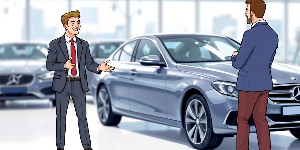 Consultant helping customer with car.