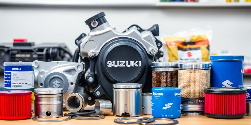Suzuki engine parts arranged for vehicle repair