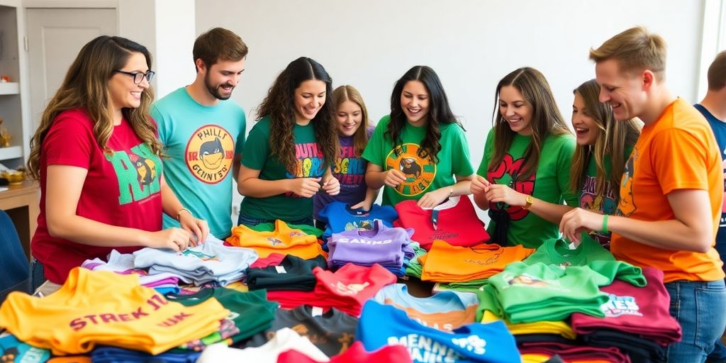 Friends swapping colourful t-shirts at a lively party.