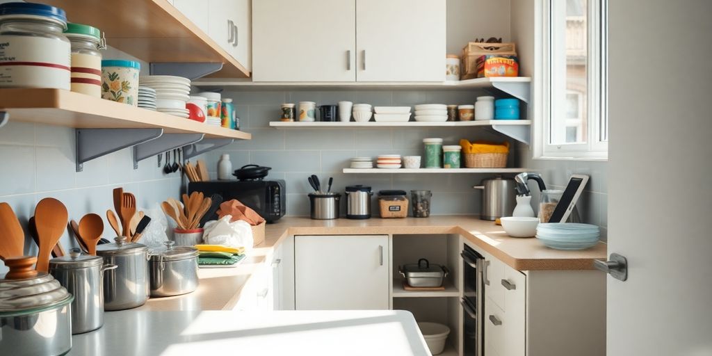 Woman organizing a small, spotless kitchen with efficient storage solutions.