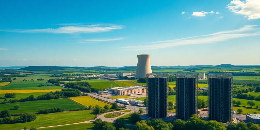 Nuclear power plant with data centres in the foreground.