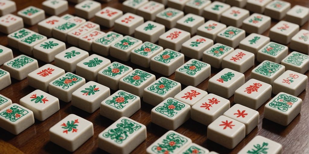 Close-up of Mahjong tiles on a table.