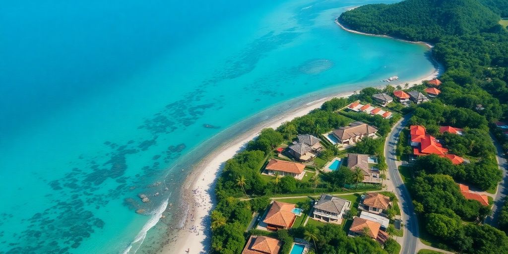 Aerial view of Phuket's coastline and real estate developments.