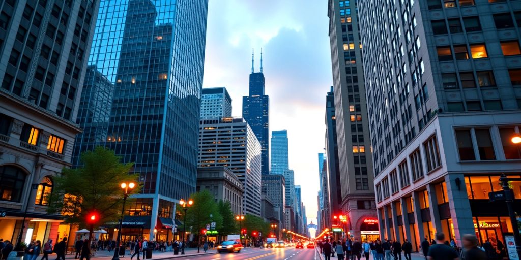 Chicago skyline with skyscrapers and Lake Michigan