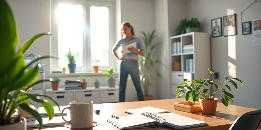 Person balancing work and life in a bright office.