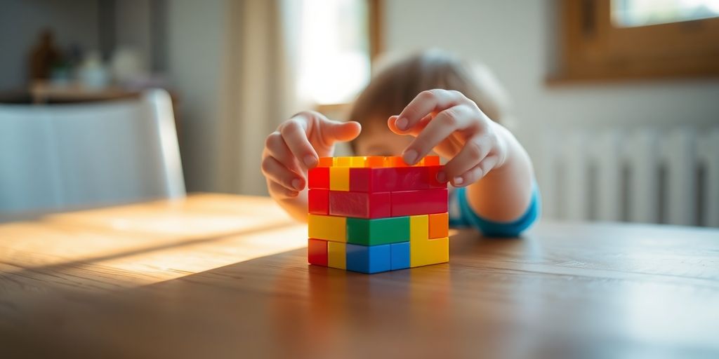 Kind speelt geconcentreerd met kleurrijk vaardigheidsspeelgoed.