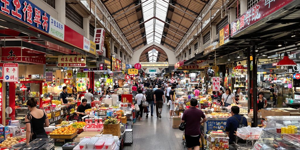 Vibrant marketplace interior with diverse food stalls.
