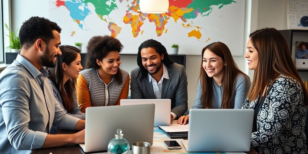 Professionals collaborating on global marketing strategies in an office.