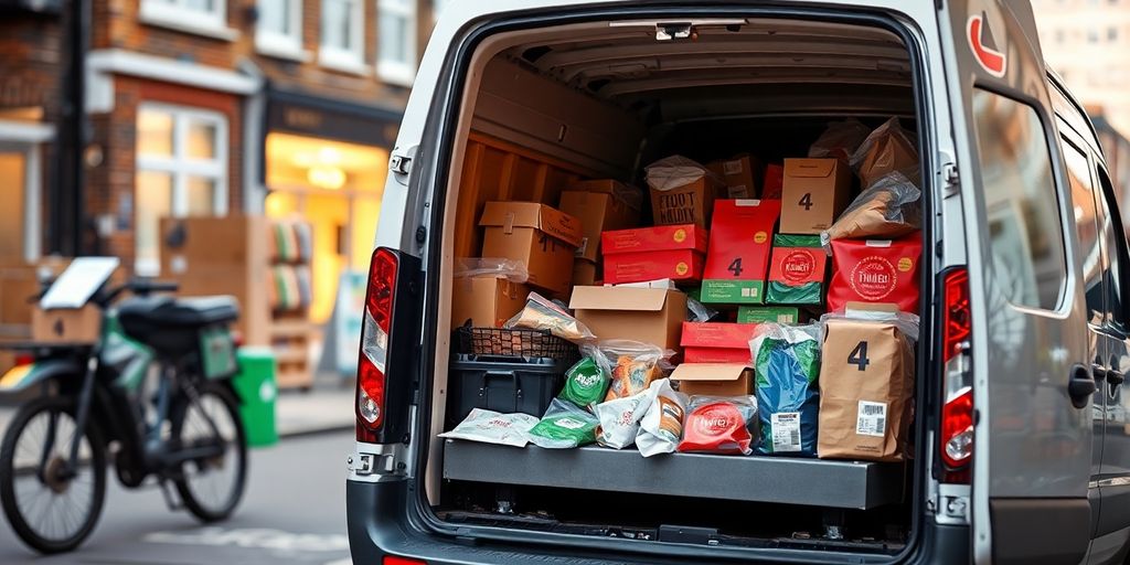Delivery van with food packaging outside a South London location.