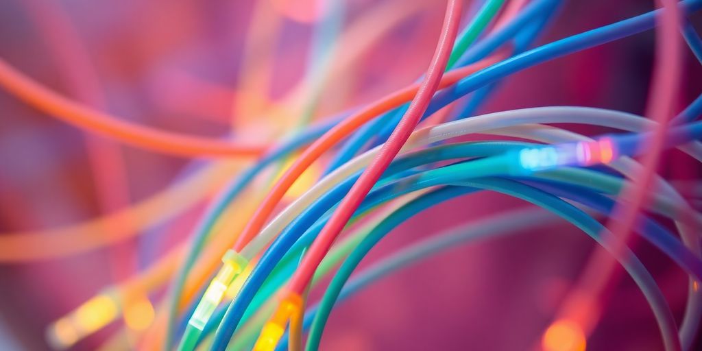 Cavi fibra ottica colorati su sfondo sfocato.