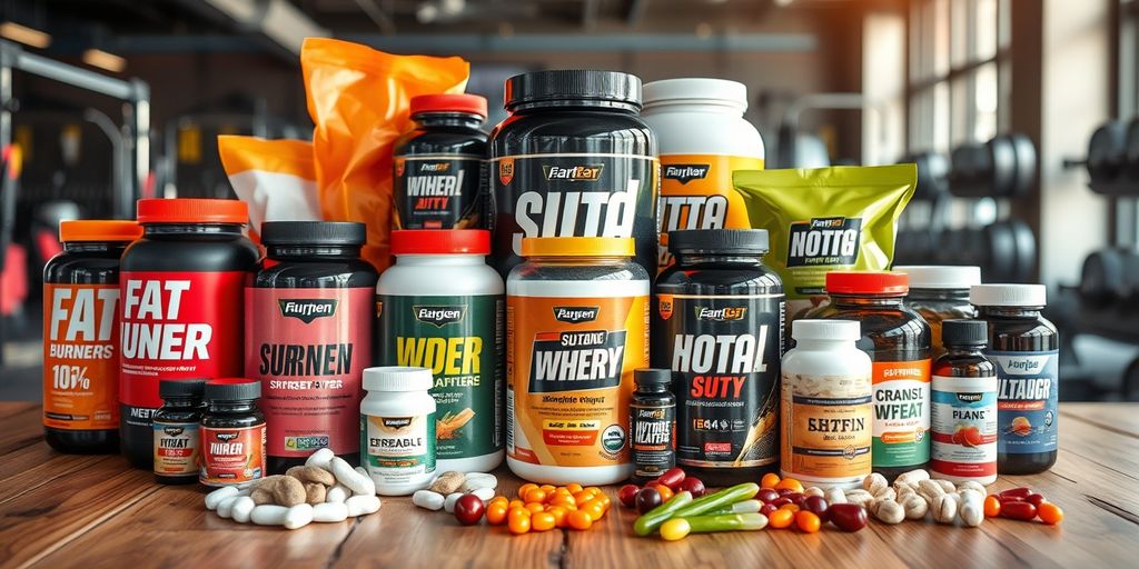 Assorted fitness supplements on a wooden surface.