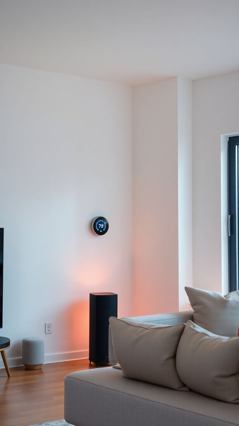 Smart home devices glowing in a modern living room.