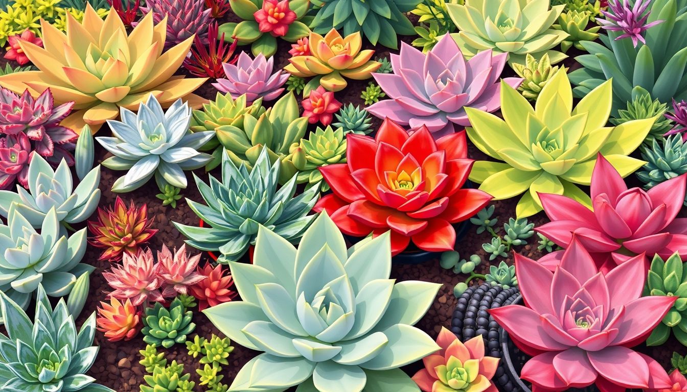 Colorful succulents in a lush garden setting.
