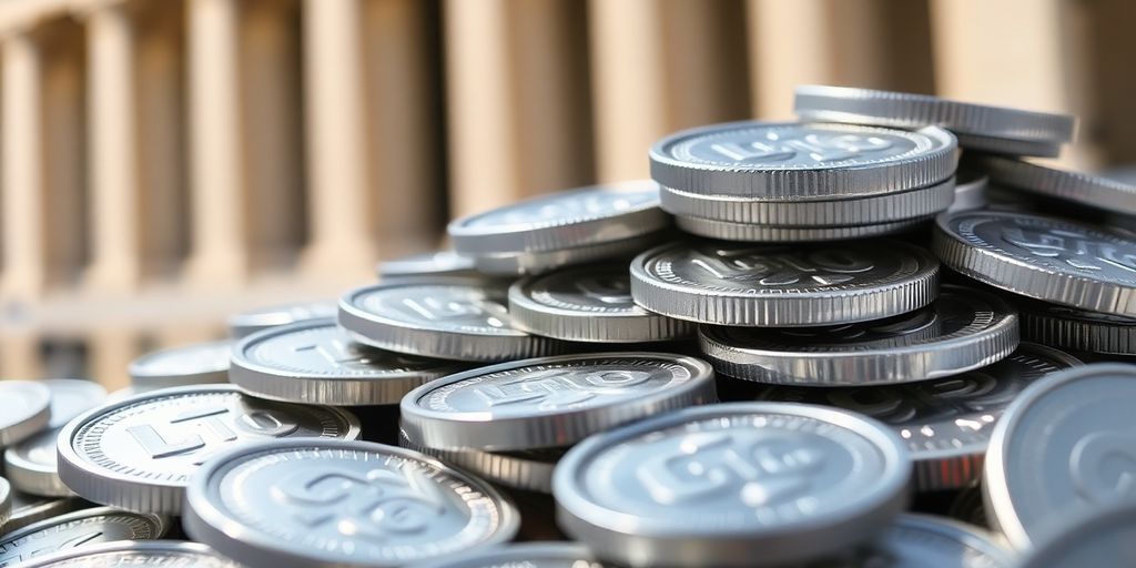 Pièces d'argent empilées avec un éclairage doux.