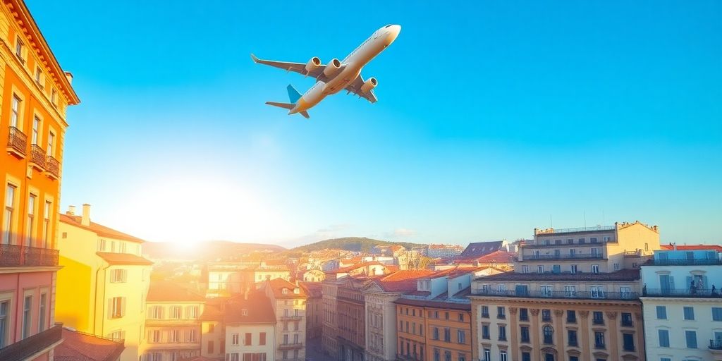 Colorful European cityscape with airplane.