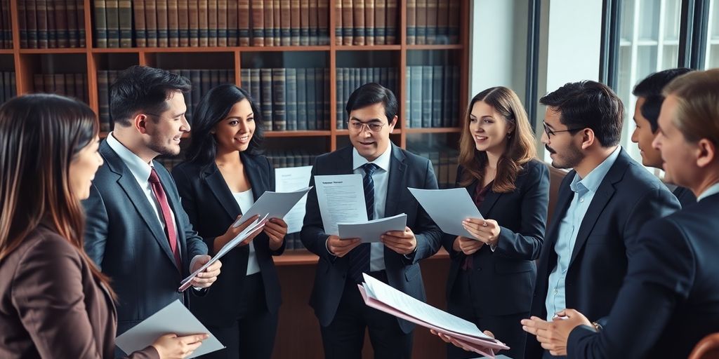 Diverse legal professionals collaborating with multilingual materials.