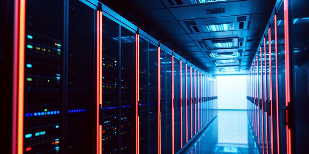 High-tech server room with network equipment and blue lights.