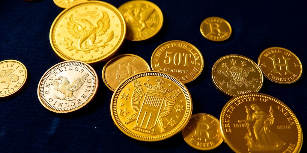 Collection de pièces d'or rares sur fond en velours.